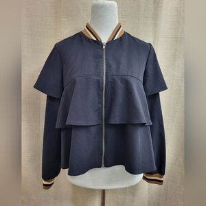Sugar Lips Women's Cropped Swing Jacket Navy Blue Zip Front Loose‎ Size Small